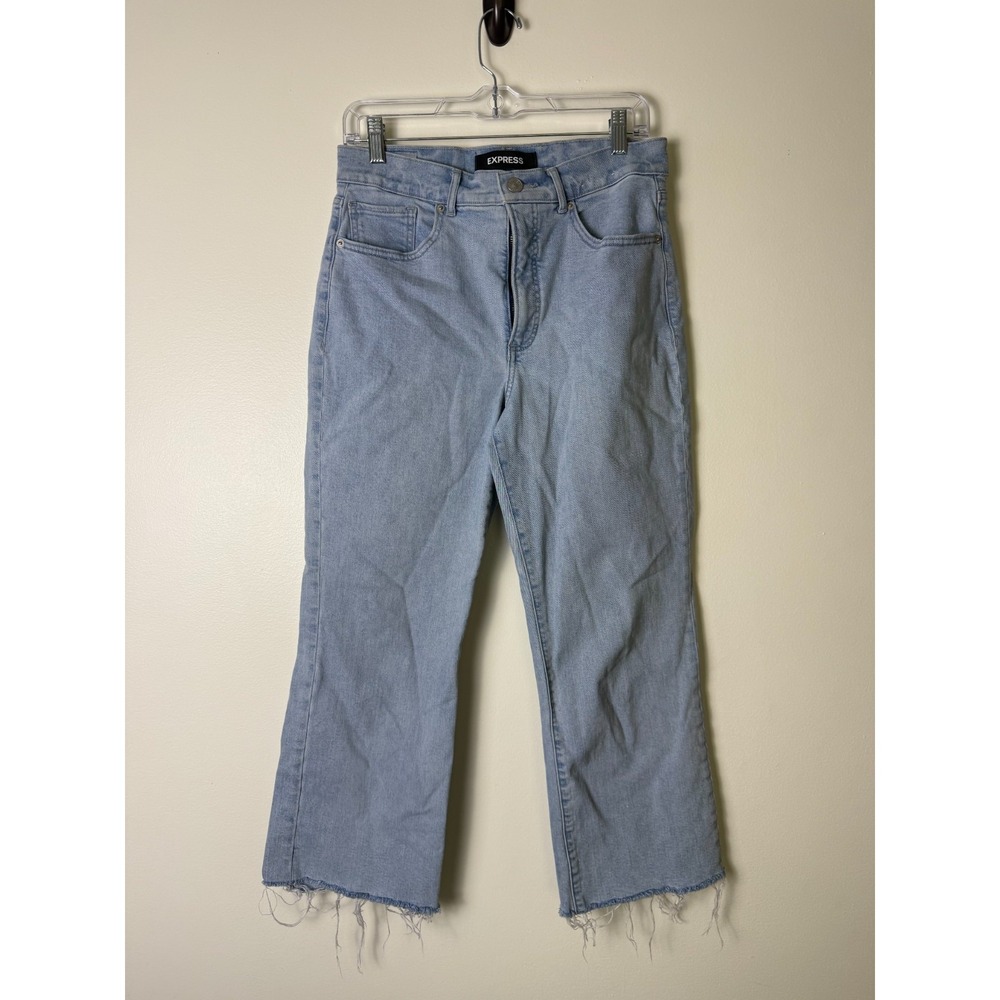 Express Light Wash High Waisted Crop Flare Raw Hem Denim Jeans Womens 8